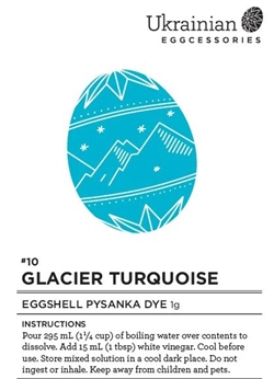 Non-edible chemical dye. Glacier Turquoise is a fabulous eggshell dye colour worth using. This is one of my favourite dye colours and I often use this as a one colour pysanka but the coolness of this colour would also look great with Canola Yellow, Okanag