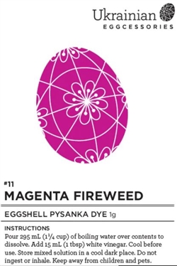 Non-edible chemical dye. This strong vibrant dark pink works wonderful in a border or for flower designs on your pysanky. Magenta is the complementary color of green. These two colors have the highest contrast and the greatest harmony, which means they wo