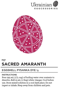 Non-edible chemical dye. Sacred Amaranth is a strong "dusty wine rose" colour pysanka dye that will give you different variations of the colour depending on what colour you have underneath. This is a food based dye, not an aniline dye however it is still