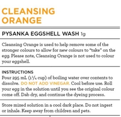 Non-edible chemical eggshell wash. Cleansing Orange is NOT part of our 20-colour eggshell dye kit as it is not used to colour your eggshell. Instead it is used to help wash back some of the stronger colours to allow for new colours to "take" on the egg.