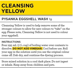 Non-edible chemical eggshell wash. Cleansing Yellow is NOT part of our 20-colour eggshell dye kit as it is NOT used to colour your eggshell. Instead it's used to help wash back some of the stronger colours to allow for new lighter dye colours to "take" on