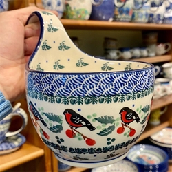 Polish Pottery 14 oz. Soup Bowl with Handle. Hand made in Poland and artist initialed.