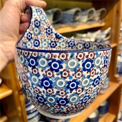 Polish Pottery 14 oz. Soup Bowl with Handle. Hand made in Poland and artist initialed.