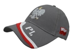 Stylish grey cap with silver and white thread embroidery. The cap features a silver Polish Eagle with gold crown and talons. Features an adjustable cloth and metal tab in the back. Designed to fit most people.