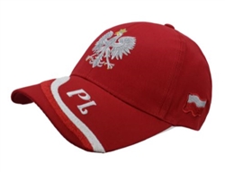 Stylish red cap with silver and white thread embroidery. The cap features a silver Polish Eagle with gold crown and talons. Features an adjustable cloth and metal tab in the back. Designed to fit most people.