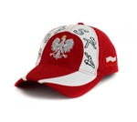 Stylish red and white cap with silver, white and black thread embroidery. The cap features a silver Polish Eagle with gold crown and talons. Features an adjustable cloth and metal tab in the back. Designed to fit most people.