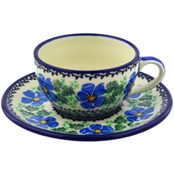 Polish Pottery 7 oz. Cup with Saucer 7 oz.. Hand made in Poland and artist initialed.