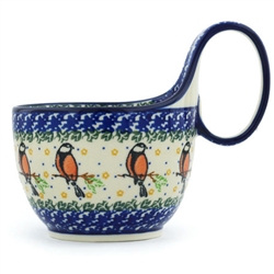 Polish Pottery 14 oz. Soup Bowl with Handle. Hand made in Poland and artist initialed.