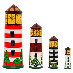 Hold onto your hats, nautical fans and lovers of pharology (the study of lighthouses) – do we ever have a doll for you! This 11 " nesting doll set is carved to look just like a lighthouse and features the lights of West Quoddy Head, ME; Tybee Island, GA;