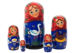 This 5-piece nesting doll has a lovely girl holding a goose on the outside doll, then she is holding a chicken on the second doll, feeding chicks on the third doll, holding eggs on the fourth doll, and a leaf on the fifth doll. Outside doll stands 6" tall