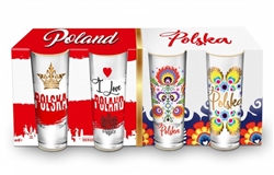 A set of four tall shot glasses (4"). The set is packed in a decorative and sturdy gift box featuring the Polish national colors, red and white.