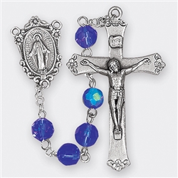 Polish Art Center - 20.5"  7mm Sapphire Crystal Tin Cut, Multi Faceted Crystal Round Beads with Aurora Borealis and Deluxe Silver Oxidized Crucifix and Center. It comes with a Deluxe Velvet Box