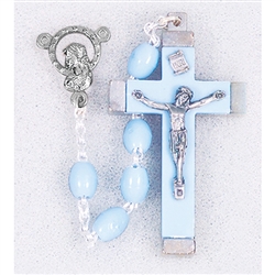 Polish Art Center - 18" Blue Oval Plastic Bead Rosary with Matching Color Crucifix Fine Quality Imported from Italy with Quadruple Link