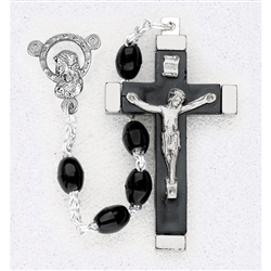 Polish Art Center - 18" Black Oval Plastic Bead Rosary with Matching Color Crucifix Fine Quality Imported from Italy with Quadruple Link