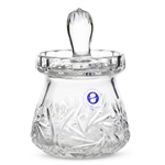 Lovely covered jam jar. This is genuine Polish lead crystal hand cut with a star burst design. Size: Height: 5" Diameter: 3.5"