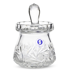 Lovely covered jam jar. This is genuine Polish lead crystal hand cut with a star burst design. Size: Height: 5" Diameter: 3.5"