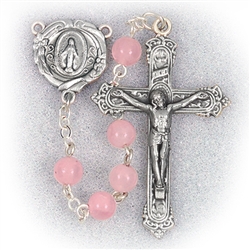 Polish Art Center - 20"  6mm Genuine Rose Quartz Round Beads with Deluxe Silver Oxidized Crucifix and Center.  It comes with a Deluxe Velvet Box