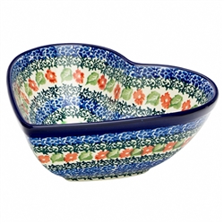 Polish Pottery 7" Heart Shaped Bowl. Hand made in Poland. Pattern U3986 designed by Teresa Liana.