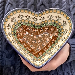 Polish Pottery 7" Heart Shaped Bowl. Hand made in Poland. Pattern U79 designed by Teresa Liana.