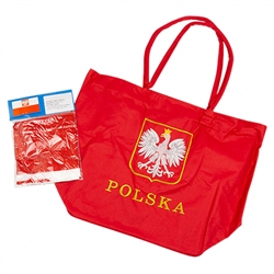Large canvas bag and a Polish flag inside too. Great beach items at a great price. This is a novelty quality item not made in Poland. Bag size - 19.5" x 15". Flag size - 12" x 18"