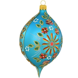 Blossoming all around with vibrant flower patterns, this striking aqua blue oval teardrop will add a garden of color to your holiday decor. Shimmering with hand painted glazes and glittering accents 5" glass ornament is expertly crafted in Poland.