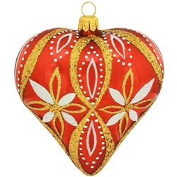 Brilliant flowers in shimmering glitter designs decorate both sides of this lovely red heart. Adorned with gold and white glitter accents, this stunning red heart measures 3" tall and is masterfully hand-crafted in Poland. This eye-catching keepsake is s