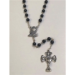 Polish Art Center - 6mm First Communion Black Hematite Rosary with Silver Toned Chalice Center. Flip Top Box.