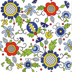 Package of 20 luncheon napkins featuring a beautiful Polish folk pattern. Three ply napkins with water based paints used in the printing process.