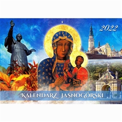 Calendar is published in Czestochowa Poland by the Pauline Fathers. Beautiful full color glossy photographs with European layout (Monday is the first day of the week with Saint's names days listed in Polish language.)