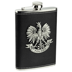 Elegant stainless steel flask in faux leather with a nice stunning Polish Eagle medallion. Rinse inside before using. Holds 9 oz, Size is approx 6" x 4" x 1"
