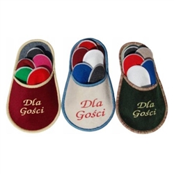Set of 5 pair of Polish house guest slippers come in a convenient large slipper holder. These are light weight slippers designed to be used by your house guests. Large slipper holder measure 20" x 11" and comes with its own tab for hanging. Colors vary.