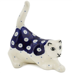 Polish Pottery 4" Crouching Cat Figurine. Hand made in Poland.