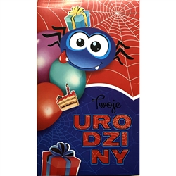 Polish Kids Birthday Greeting Card that is a fun Pop up Spide.
This card is only in Polish language