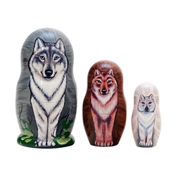 A gray, brown, and white wolf nest together in this matryoshka. The wolf is one of the world's most fascinating and well-studied animals. Alaskans are fortunate to have an estimated 7,700-11,200 wolves in their state. Wolves have never been threatened or