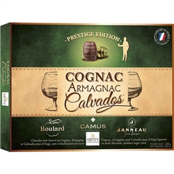 Prestige Edition dark chocolate, individually wrapped barrel shaped shells filled with the finest Armagnac, Cognac and Calvados liqueur centers without a sugar crust. This premium selection of liqueurs includes; Boulard Apple Brandy, Camus Cognac and Jann