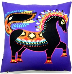 Beautiful stuffed folk design pillow. 100% polyester and made in Poland. Back side of the pillow is solid black. Zipper on one side for convenient cleaning. &#8203;Size 14" x 14".