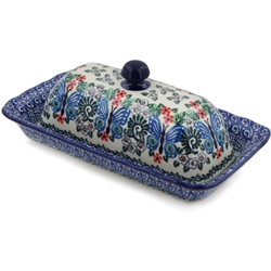 Polish Pottery 9" Butter Dish. Hand made in Poland. Pattern U1955 designed by Krystyna Deptula.