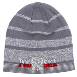 Display your Polish heritage! Grey stretch knit skull cap, which features Polska on the front and the Polish flag on the reverse. Easy care acrylic fabric. Fully Lined. One size fits most. Imported from Poland.