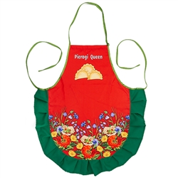 A perfect gift for that special "Polka"! A red kitchen apron, with the words: "Pierogi Queen" printed on top. Great for indoor use or that summer barbecue. Note that every time we order these from Poland the design/trim changes slightly.