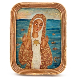 Painting on glass is an art technique by which the artist paints a picture on the reverse side of a glass surface. Magdalena Hniedziewicz specializes in religious themes and in particular the Madonna. Each of her beautiful paintings is enclosed in a hand
