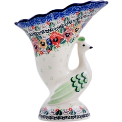 Polish Pottery 8" Peacock Vase. Hand made in Poland. Pattern U3638 designed by Maria Starzyk.