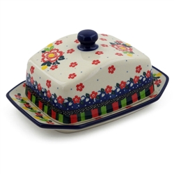 Polish Pottery 7" Butter Dish. Hand made in Poland. Pattern U4766 designed by Maria Starzyk.