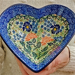 Polish Pottery 7" Heart Shaped Bowl. Hand made in Poland. Pattern U2423 designed by Teresa Liana.