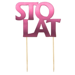 Our Sto Lat Party Cake Topper is perfect for a birthday cake decoration.
Made of glossy pink paper stock and 2 wood sticks.  Assemble by attaching sticks to the back of the paper.  Sticky pads included.