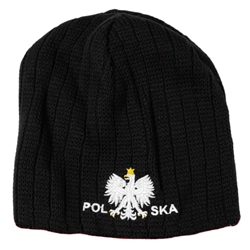 Display your Polish heritage! Stretch knit skull cap with the word Polska (Poland) between the Polish Eagle.. Easy care acrylic fabric. Once size fits most. Imported from Poland.
