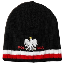 Display your Polish heritage! Black stretch knit skull cap with the word Polska (Poland) around the Polish Eagle. Easy care acrylic fabric. Once size fits most. Imported from Poland.