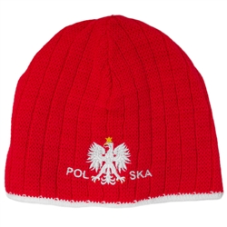 Display your Polish heritage! Red stretch ribbed-knit skull cap, which features Poland's national symbol the crowned white eagle in white letters below. Easy care acrylic fabric. One size fits all. Imported from Poland.