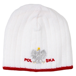 Display your Polish heritage!  White stretch ribbed-knit skull cap, which features Poland's national symbol the crowned eagle between the word Polska (Poland).  Easy care acrylic fabric.  One size fits all.   Imported from Poland.