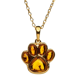 Paw shaped gold plate over sterling silver and amber pendant. Pendant size is approx. .75: x .6".