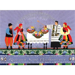 Beautiful glossy Easter card featuring the traditional blessing of the Easter baskets.
Wesolych Swiat Wielkanocnych greeting inside in Polish and English.